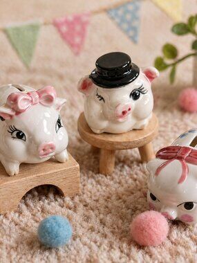 Vintage Hand Painted Ceramic Three Little Piggy Banks White w/Hat Flowers Gift